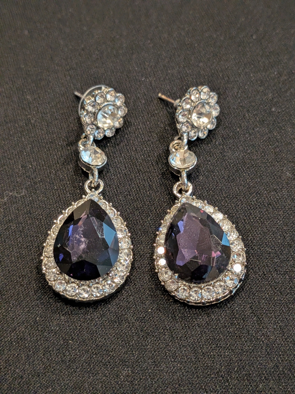 B#2: Silver Drop Earrings with Dark Purple Teardrop Crystals